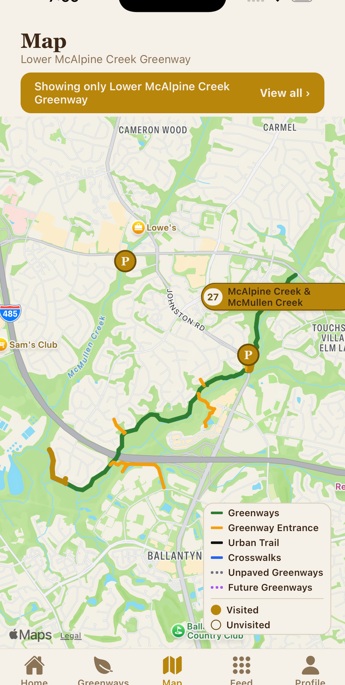 Greenway Pass Socy trail map with parking pins and color-coded trail segments