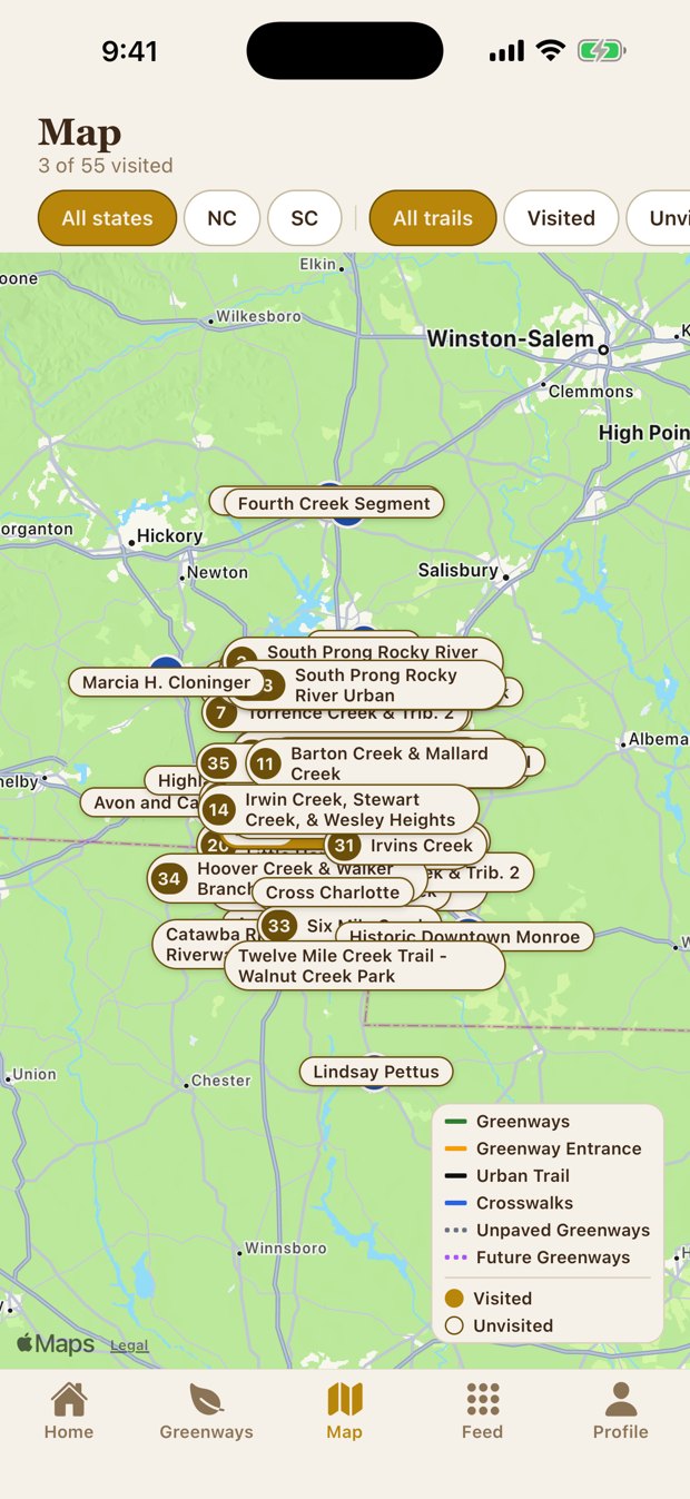 Map of Charlotte greenways with color-coded trails and parking pins